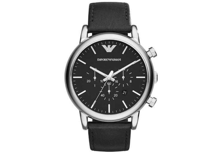 Emporio Armani Men’s Chronograph Watch with Black Leather Strap