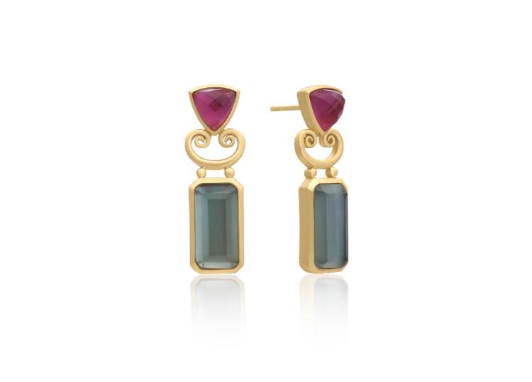 Azuni Trillion and Oblong Doublet Studs with Scroll: Mother of Pearl-Pink & Mother of Pearl-London Blue Topaz