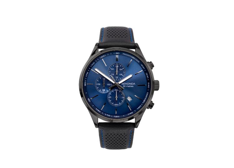 Sekonda Men’s Black Leather Watch with Blue Face
